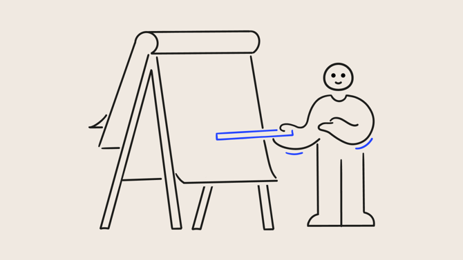 Un personnage pointant un tableau avec une baguette.