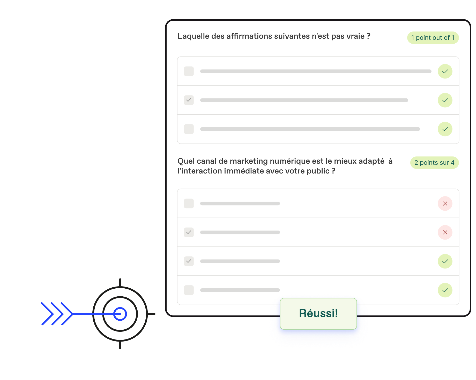 Correction automatique d'un examen contenant uniquement des questions à choix multiples dans Workleap LMS affichant le score.