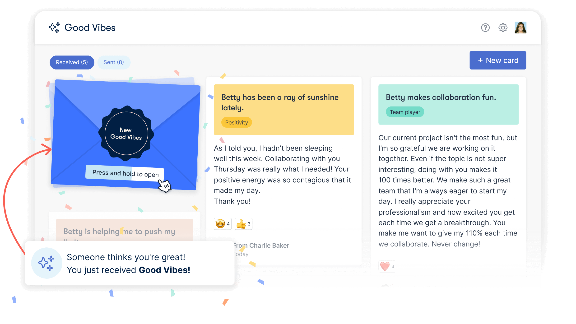 New Good Vibes message opening with a burst of confetti in Officevibe’s My Recognition dashboard.