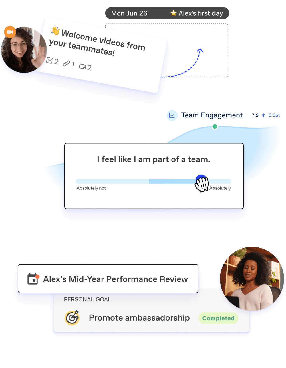 Onboarding, talent development and engagement modules: Woman waving hello and smiling while using Workleap to help employee start, thrive, and grow at their company