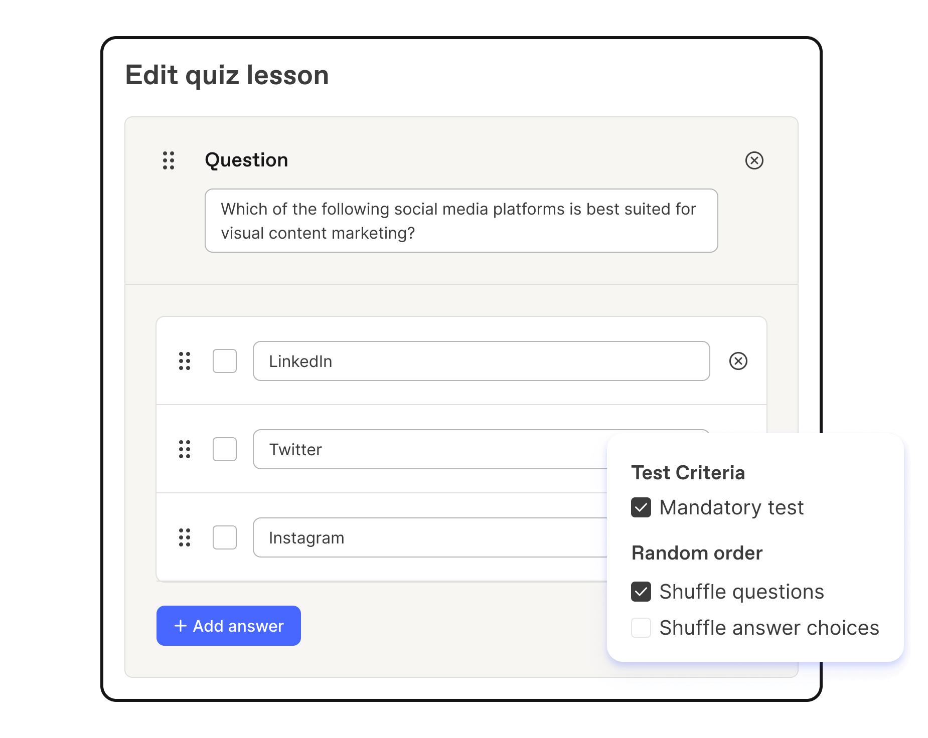 Editing a quiz lesson in Workleap LMS to add custom question with multiple choices and make the quiz mandatory or optional.