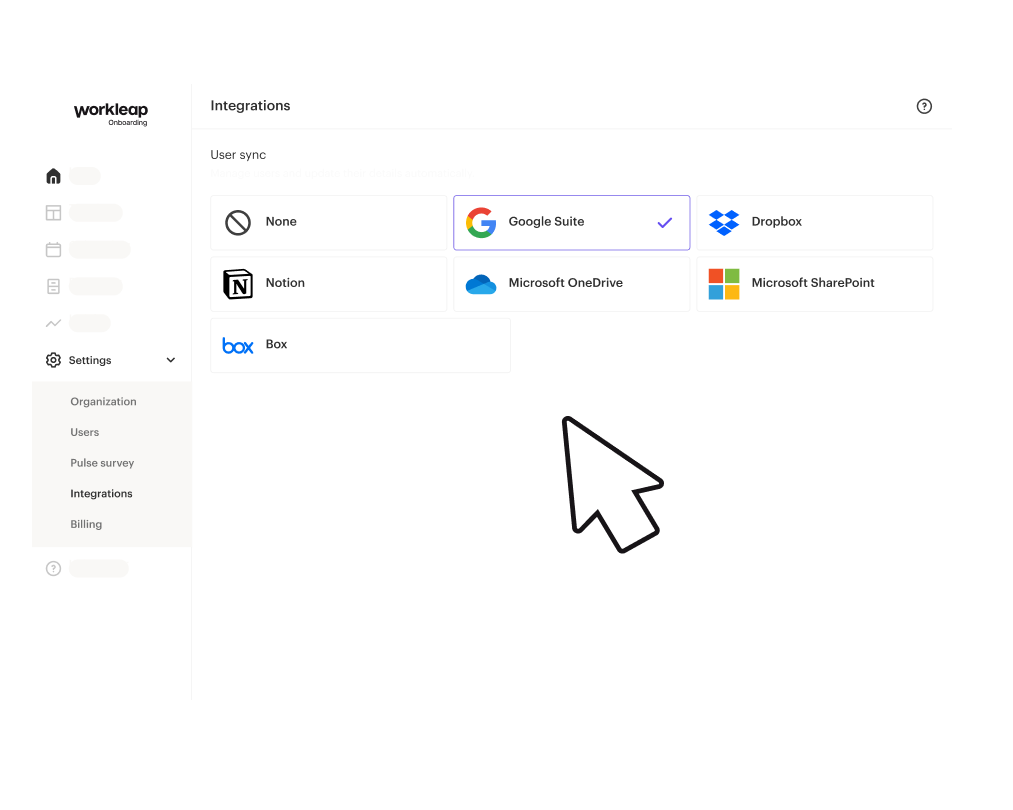 Workleap Onboarding UI showing the integrations for cloud storage services