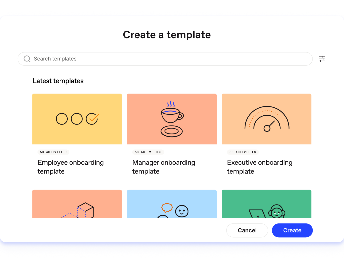 list of different employee onboarding templates available in Workleap Onboarding